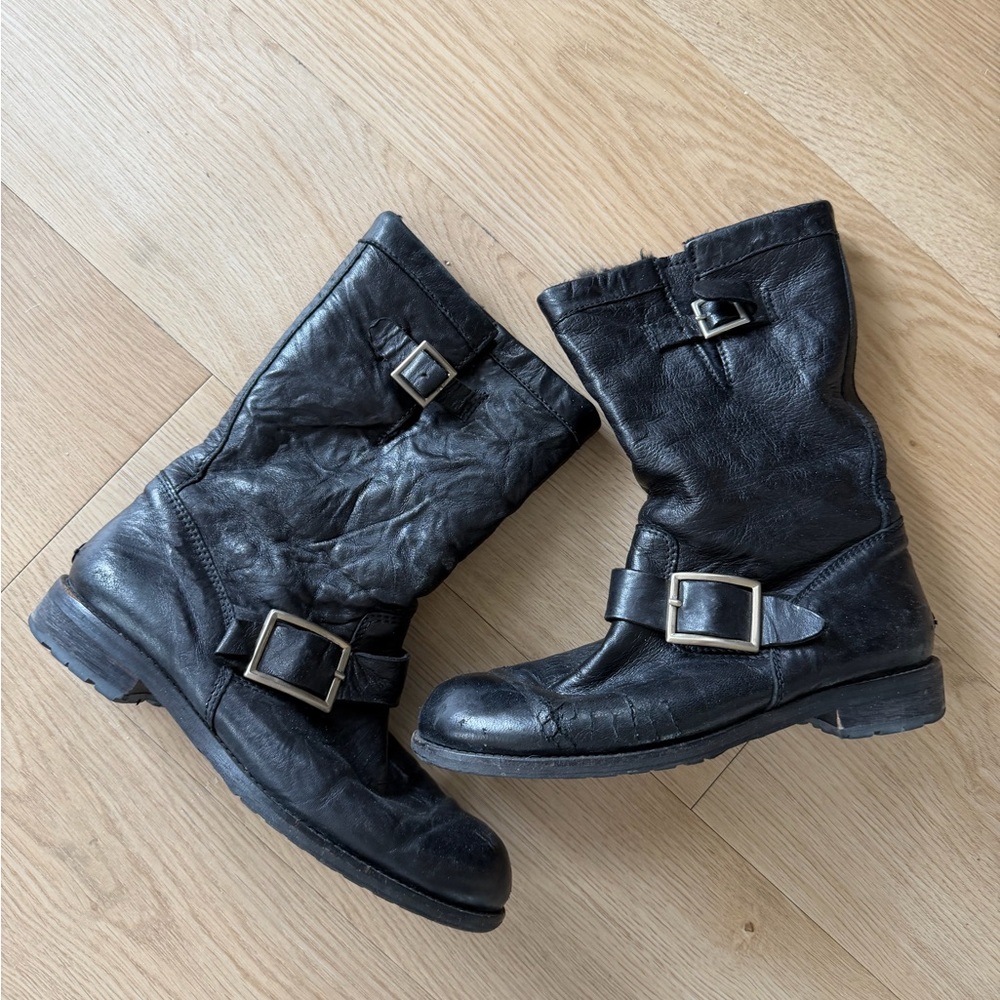Jimmy Choo Black Leather Moto Boots fur lined size 37